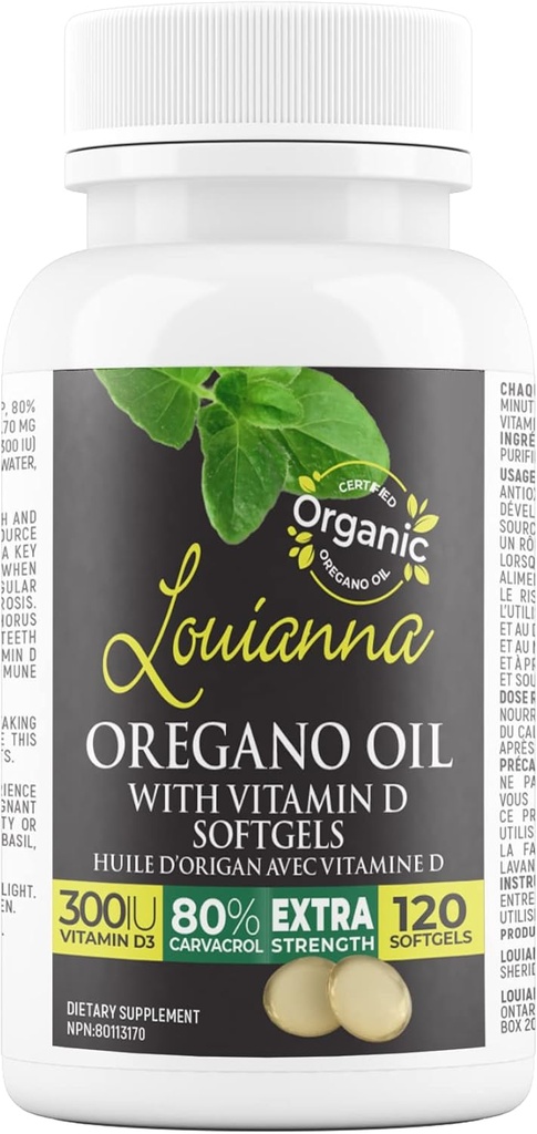 Louianna - Organický Wild Oregano olej s vitamínom D, Tekuté mäkké kapsuly s 80 percent Carvatrol, podporuje vaše kosti, Immune a Gut zdravie, Bylinné doplnky, 120 Softgels