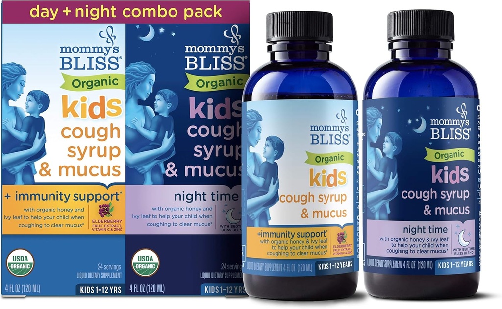 Mamina Bliss Organic Cough Sirup & Mucus pre deti, deň a noc Combo balenie s vitamínom C a Imunity podpora, obsahuje organické med a Ivy Leaf, 4 Fl Oz (Stock of 2)