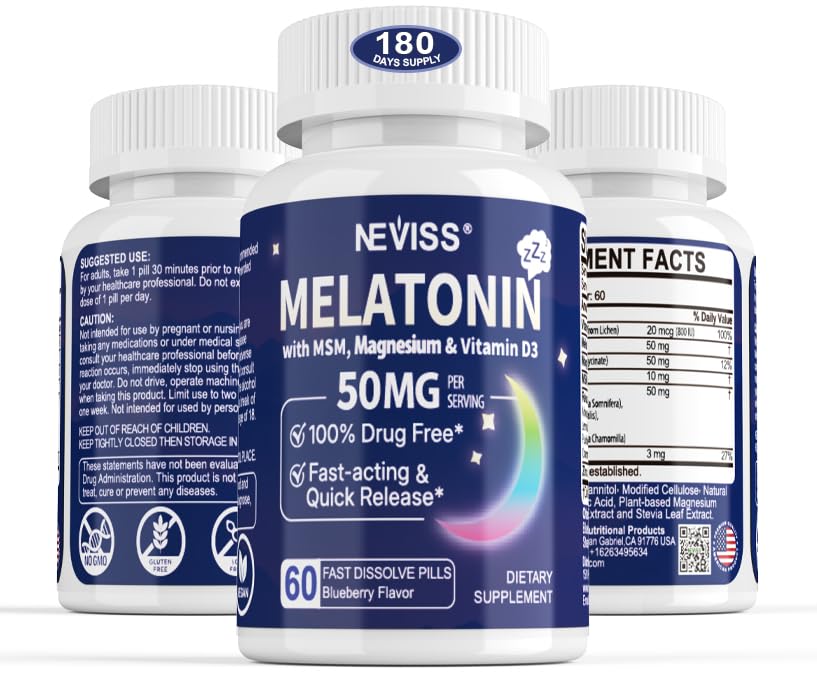 Melatonín 50 mg pre dospelých - extra sila 9-in-1 Rýchle rozpustenie Sublingválne - w/vitamín D3 & MSM, Relaxačné bylinné Blend-Ashwagandha, citrónový balm, mučenka, Chamomile, bez cukru, Vegan 180 Servings