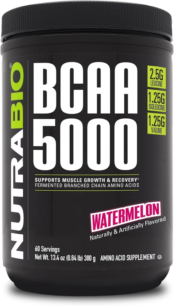 NutraBio BCAA 5000 Powder - Vegan Fermented BCAA - podporuje Lean Muscle Growth, Recovery, Endurance - 60 Servings - Watermelon