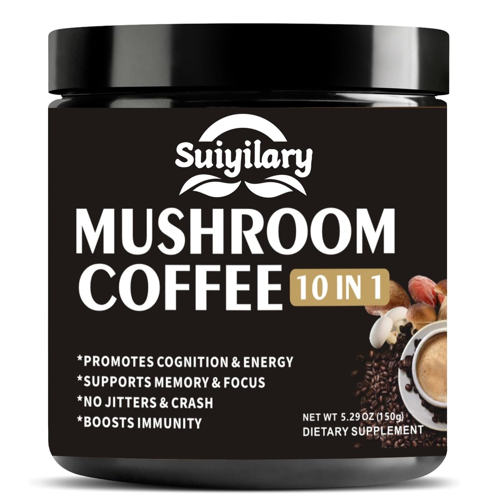 Hubová káva, 10 Hubová extrakcia Powder Blend Lion's Mane, Reishi, Chaga, Cordyceps, Turkey Tail, Brain Supplements with Instant Coffee for Energy, Focus, Memory and Imunity 150g