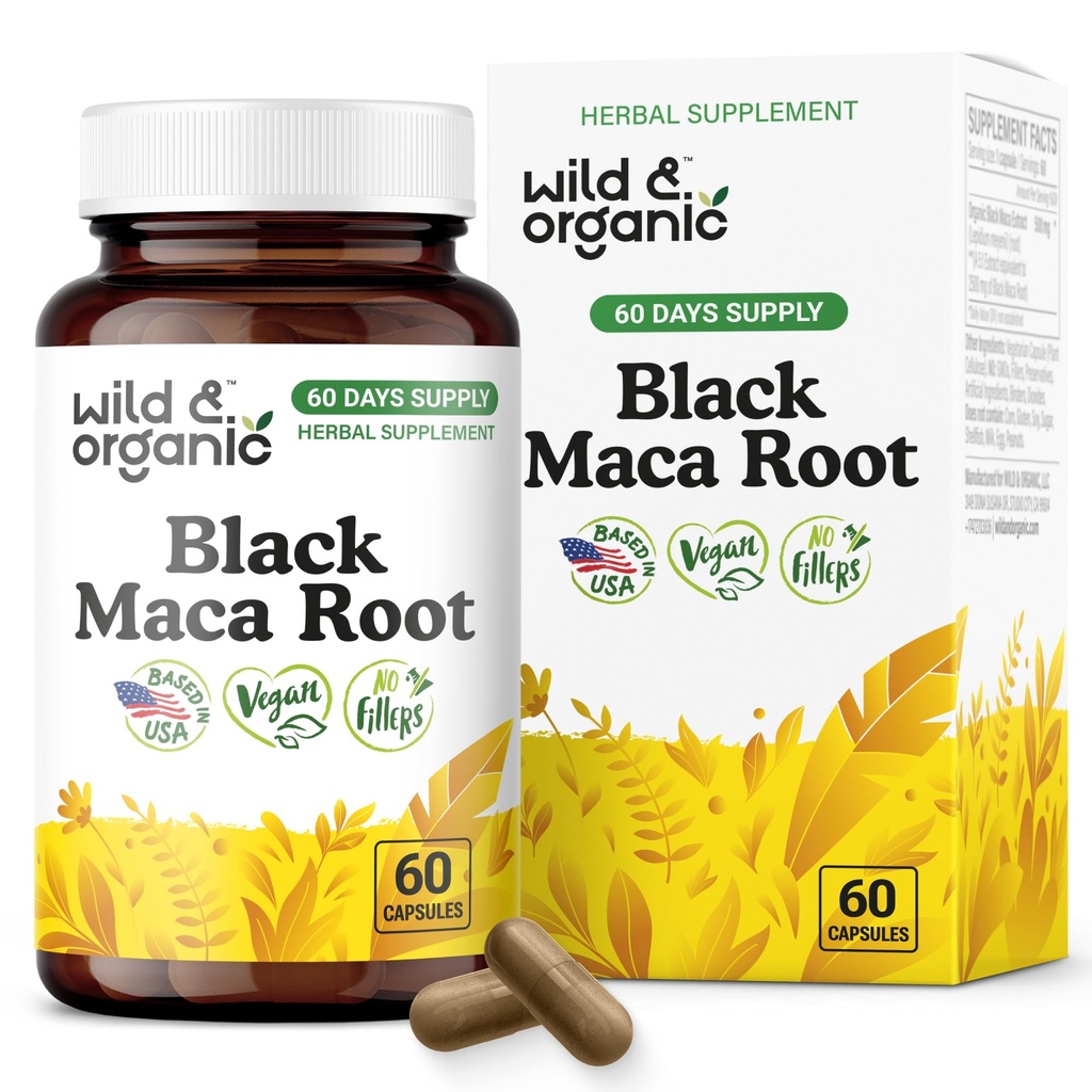 Wild & Organic Black Maca Root Capsules for Women & Men 500 mg - Maca Root Extract for Overall Support - 60 Vegan Capsules - Men & Women Supplement - 60 Days Supply - Non-GMO, No Fillers, Gluten-Free