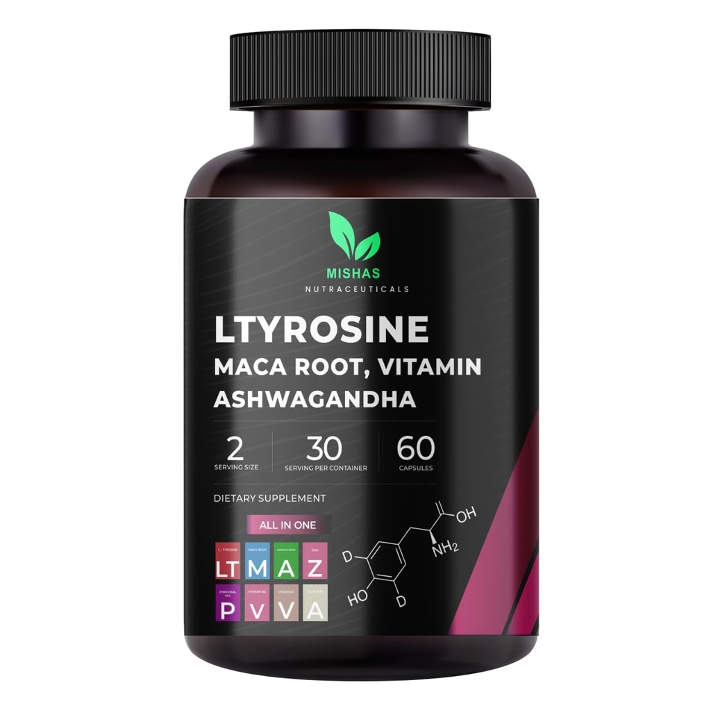 Mishas Nutraceuticals L-Tyrosine with Maca Root, Ashwagandha & Vitamins Complex – Energy, Mental Focus, Stress Relief & Immunity Support – 60 Capsules (30 Servings)