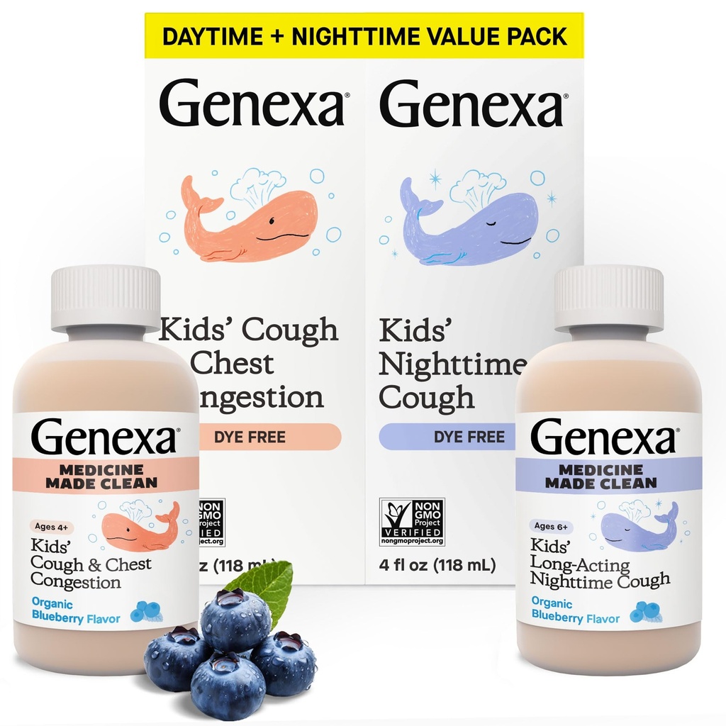 Genexa Kids' Clean Day & Night Kašeľ Medicine, Farbivá Bez, 0% Umelé aditíva, Detský Kašeľ, Kongescia hrudníka, Relief Runny Nos a sipot, Vek 6+, Organická čučoriedková chuť, 8 fl oz (2 balenia)
