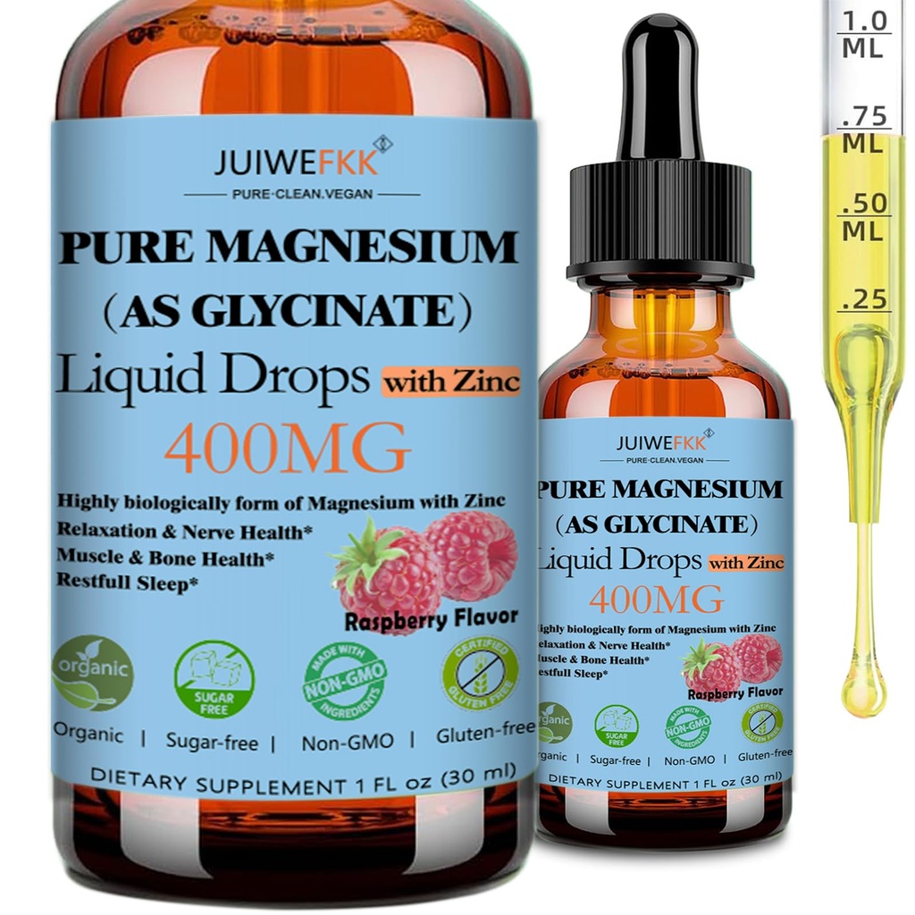 Pure Magnesium Glycinate 400mg Liquid Drops, High Absorption Chelated Calm Magnesium with Zinc for Sleep Relaxation Muscle Bone Nerve & Brain Health, Non GMO, Vegan for Women Men & Kids