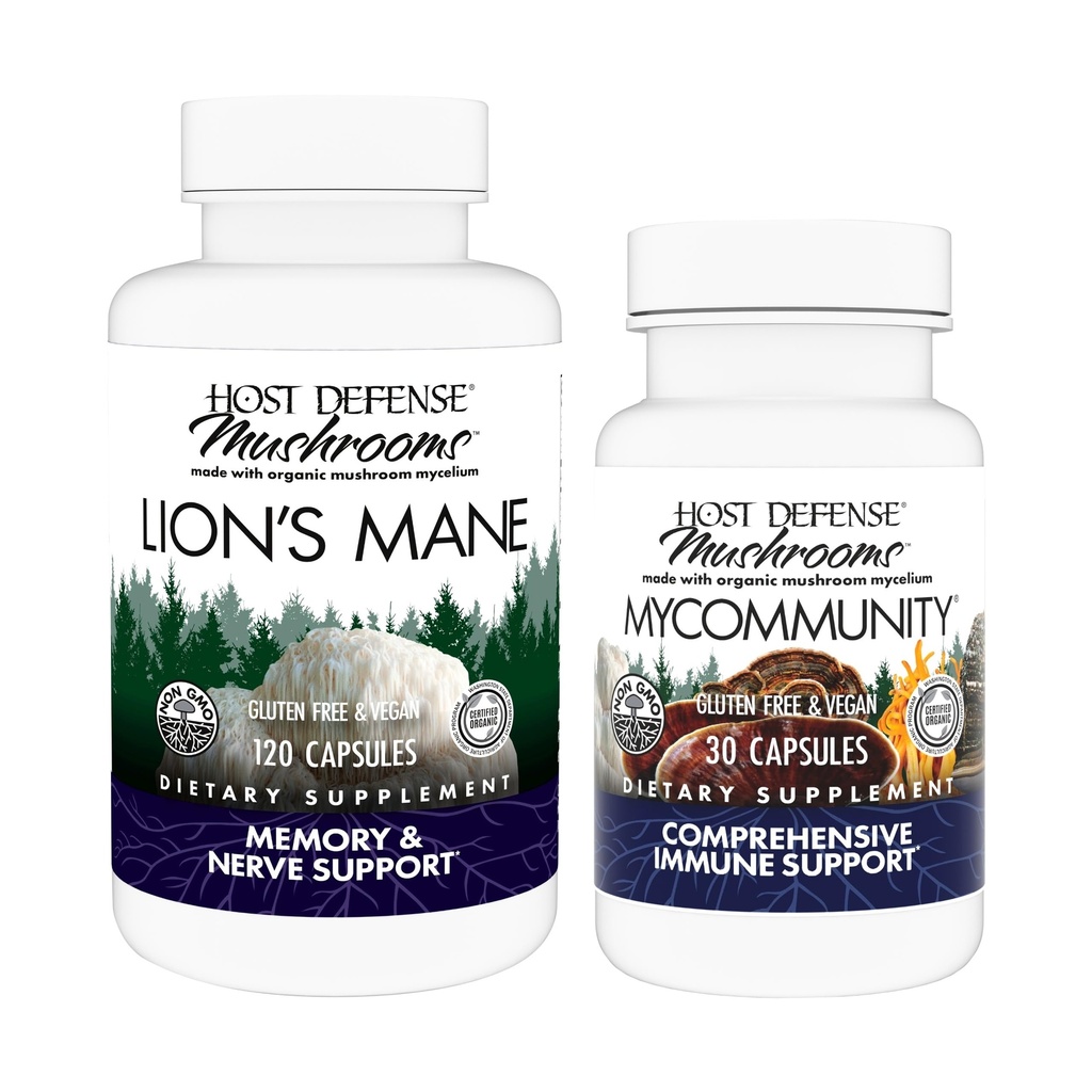 Host Defense Bundle s Lion Mane Kapsule, 120 Gróf & My Community Kapsule, 30 Gróf - Podpora Zdravie mozgu, pamäť a zameranie - Podpora Imunitné zdravie so 17 Druhy Hubová zmes