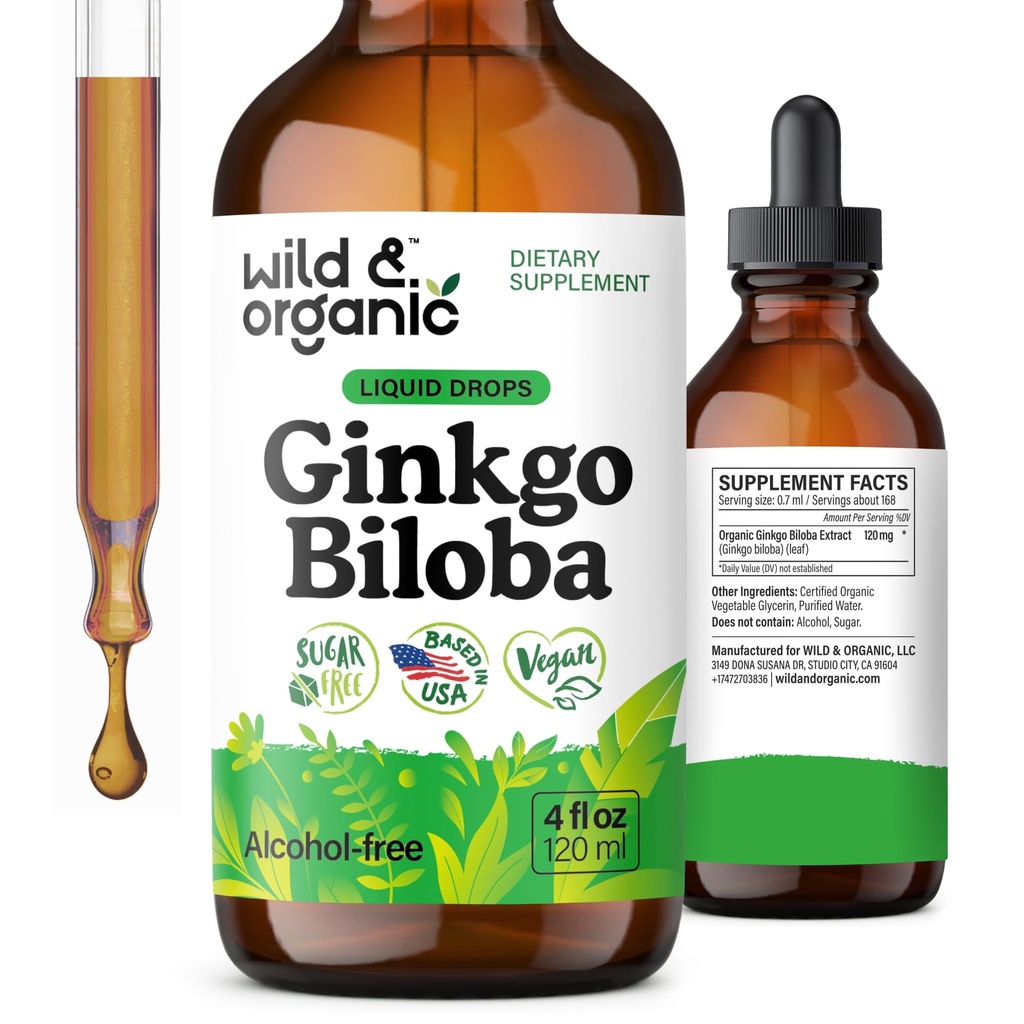 Wild & Organic Ginkgo Biloba extrakt kvapky - Podpora mozgu a zaostrenia - Tekuté Ginkgo Biloba doplnky - Vegán, cukor a alkohol-bez bylinné tinktúra - 4 fl oz