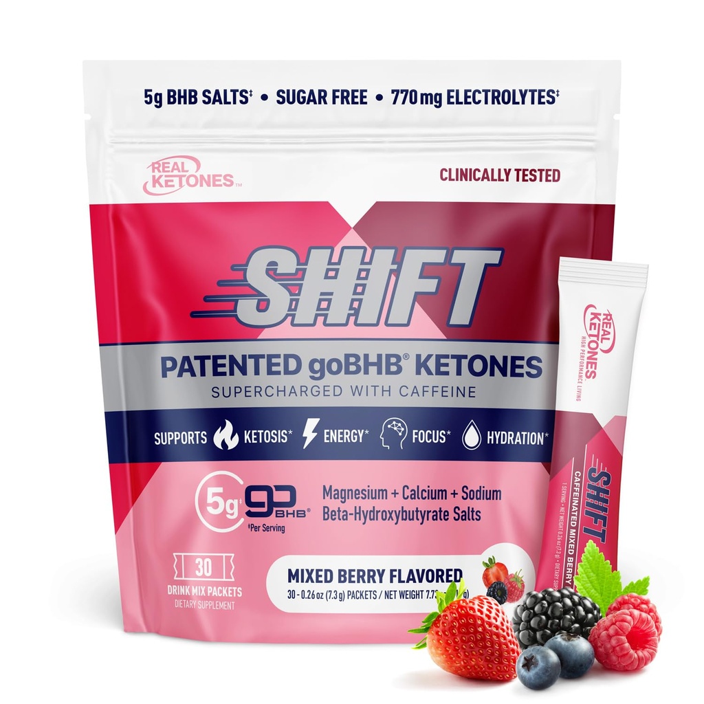 Real Ketones BHB Exogenic Ketones Drink Mix Packets Keto Electrolytes Powder Packets No Cugar with 4 Main Fasting Electrolytes Plus Hydrating Patented Keto BHB - 30 Gróf zmiešaný Berry Caffeine