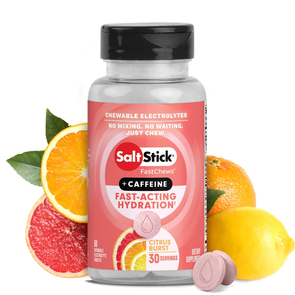 SaltStick Electrolyte FastChews with Caffeine - 60 Citrus Burst Chewable Salt Tablets for Running and Hydration, Electrolyte Chews - 60 Count