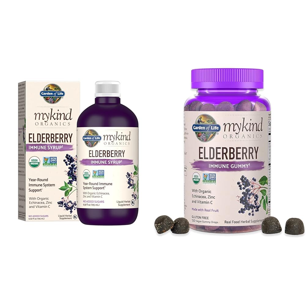 Záhrada života Organics Rastlinné-založené bazy Immune Sirup 6.59 fl oz & Organics Staršie Gummy pre dospelých a deti