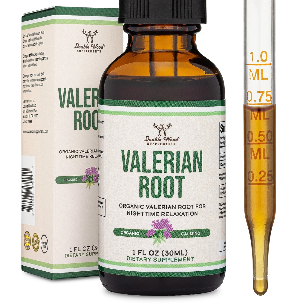 Valerian Root Drops for Sleep - Organic Valerian Root Tincture Extract 168mg - 1 FL OZ, 30 Servings (Lepšia absorbovaná ako kapsule, vylepšuje Valerian Root Tea) for Relaxation and Calm by Double Wood