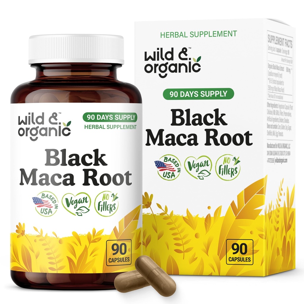 Wild & Organic Black Maca Root Capsules for Men & Women 500 mg - Maca Root Extract for Overall Support - 90 Vegan Capsules - Women & Men Supplement - 90 Days Supply - Non-GMO, No Fillers, Gluten-Free