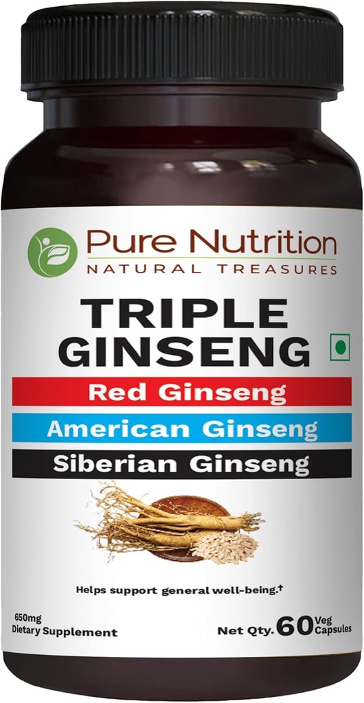Pure Nutrition Triple Ginseng - jedinečná a efektívna kombinácia červeného ženšenu, amerického ženšenu a sibírskeho ženšenu. 790mg per Capsule 60 Veg Caps balenie