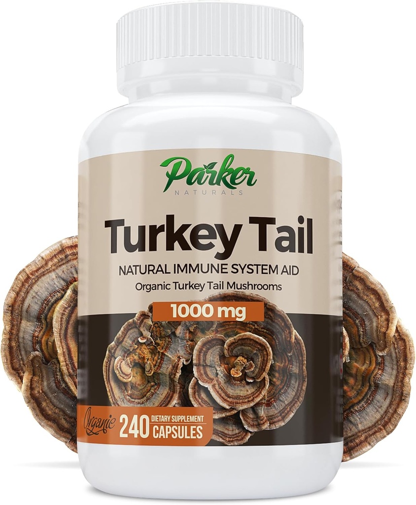 Parker Naturals Turkey chvostové huby Kapsule - Organické huby Supplement od Immune System Health Support - 1000 mg Premium Mushroom Supplements - 240 Kapsule