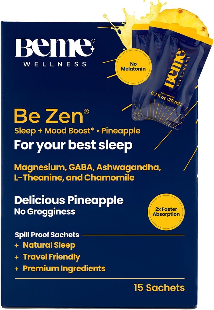 BeMe BeZen Sleep Aid Supplement Natural Without Melatonin - 2X Absorpcia ako tabletky - Sleep aids pre dospelých s horčíkom, Ashwagandha, harmanček, L-Theanine & GABA - Delicious Ananás