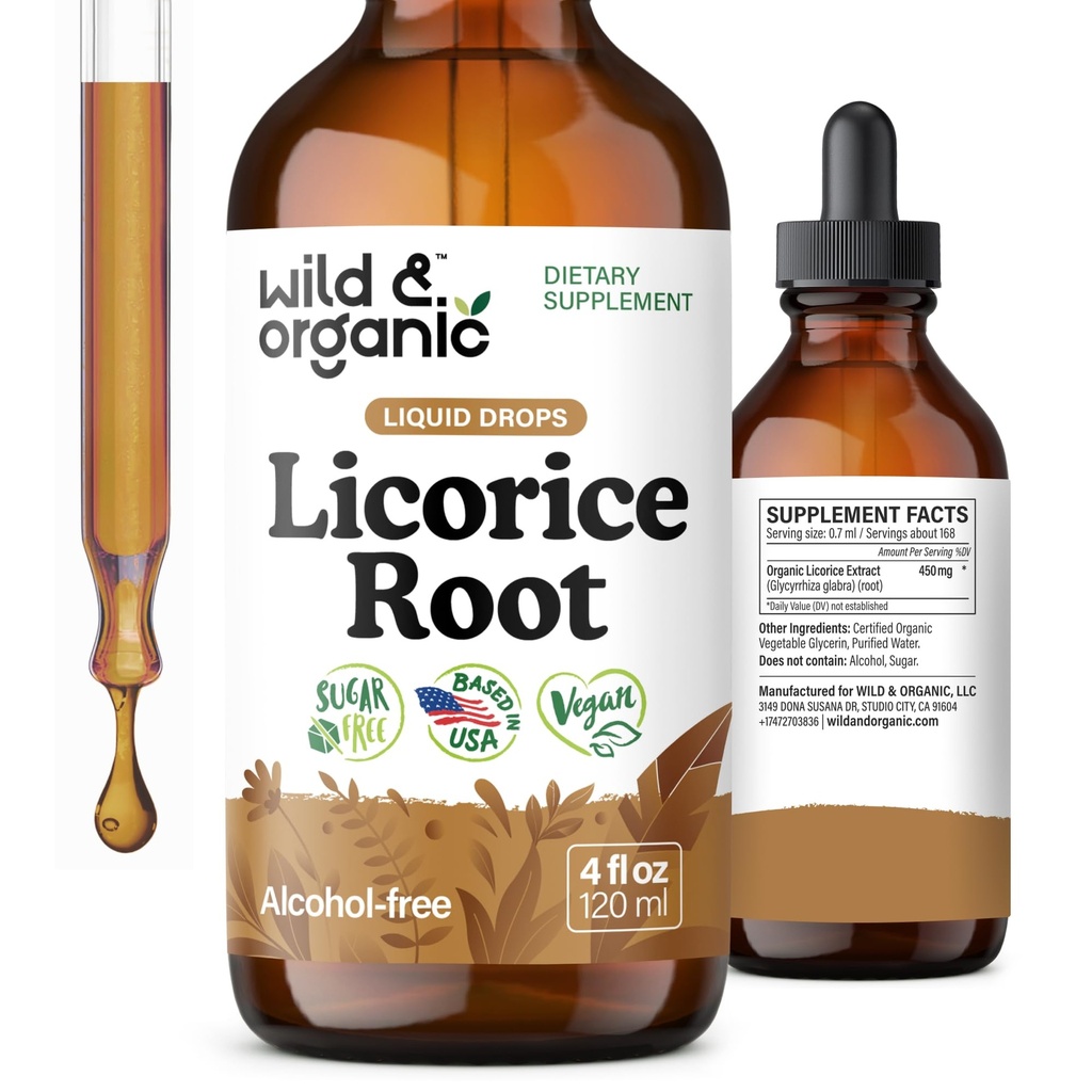 Wild & Organic Licorice Root Tinture - Tráviaca, Lung & Skin Support - Licorice Root Extract Liquid Drops - Vegan, Supplement pre cukor a alkohol - 4 fl oz