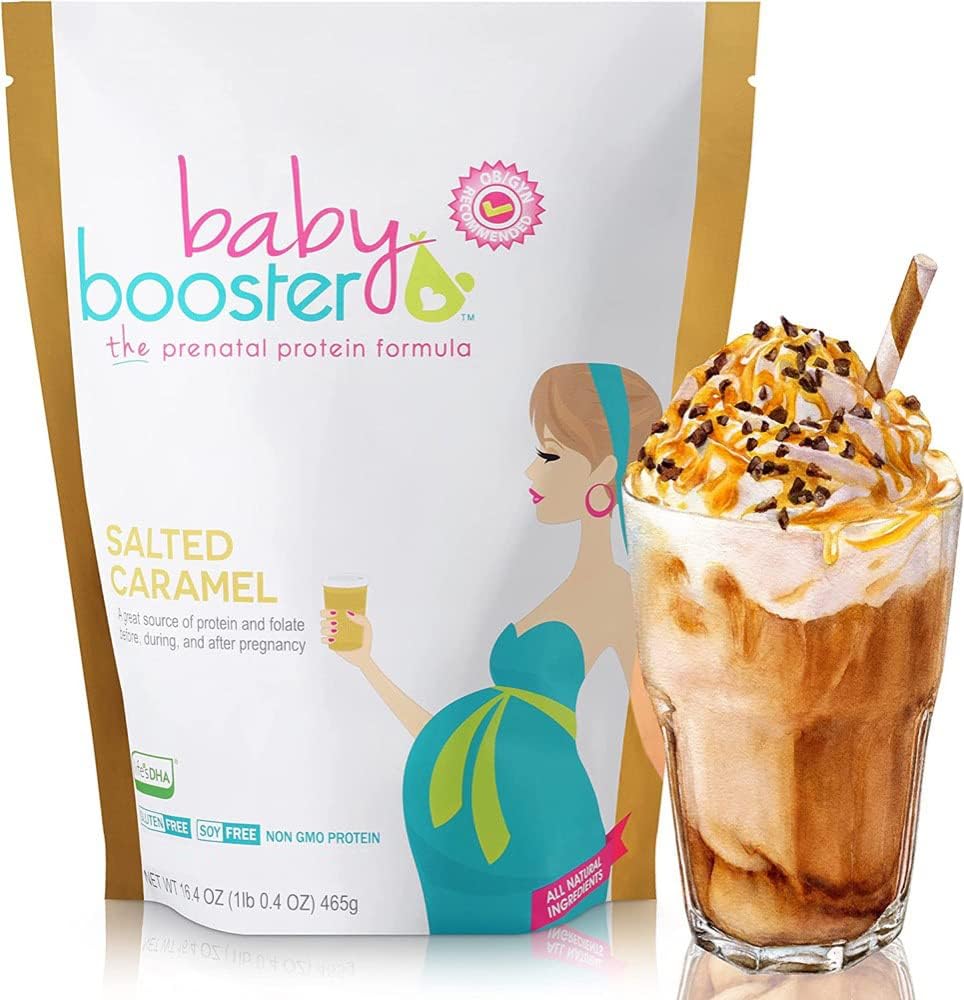 Baby Booster Salted Caramel Prenatal Vitamín Supplement and Protein Shake, Caffeine Free, All Natural, Vegetarian DHA, High Protein, Metylfolate, B Vitamíny, Great for Morning Choroba, 1 Lb