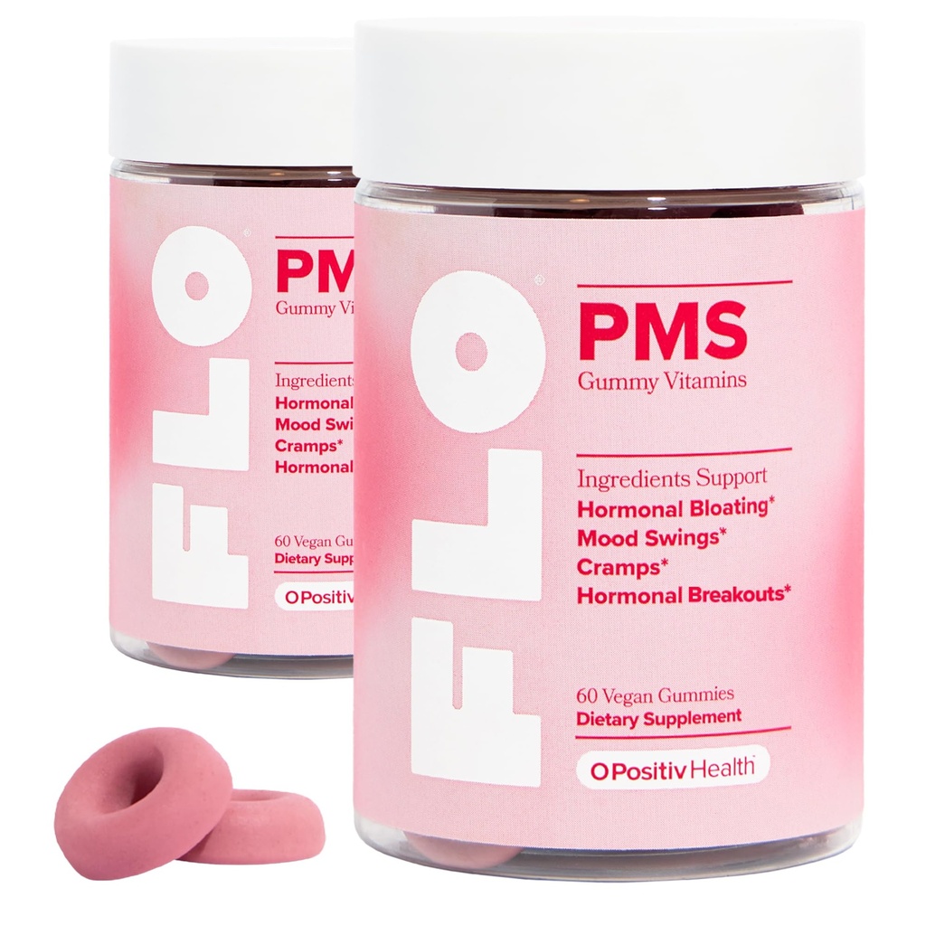 O Pozitiv FLO PMS Gummy pre ženy - Proactive PMS Relief - ciele Hormonálne prestávky, Bloating, Kŕče, & Mood Swings s čerešňami, vitamín B6, a citrónový balzam - PMS Gummy (Stock of 2)