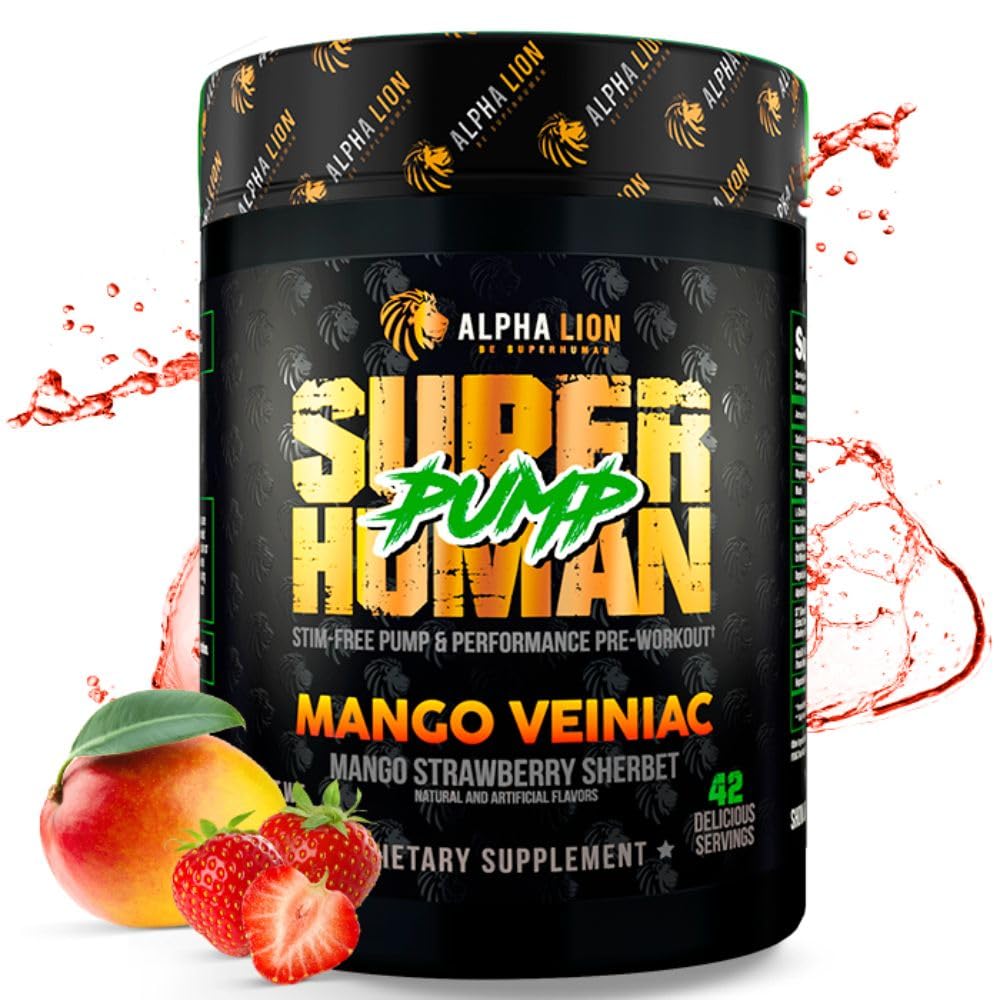 ALPHA LION Superhuman Pump Pre Cvičenie prášok, Nootropný kofeín a STIM Free Preworkout Supplement, Oxid dusnatý Posilňovač, Muscle Gainer, Energy & Focus (42 Slúži, Mango Veiniac Flavor)