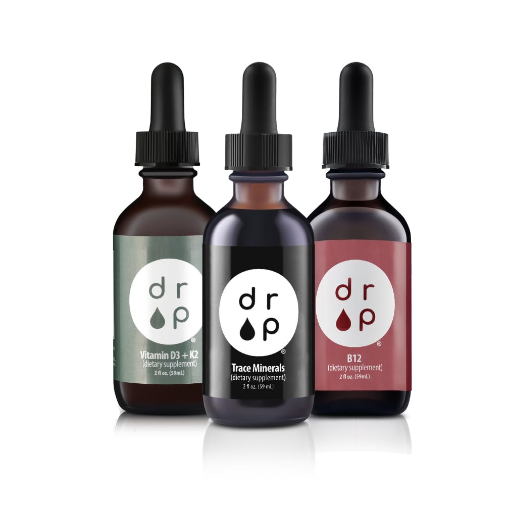 Drop Supplements Organic Trace Minerals Electrolyte Drops, Vitamín D3+K2 Drops and Vitamín B12 Liquid Drops Bundle