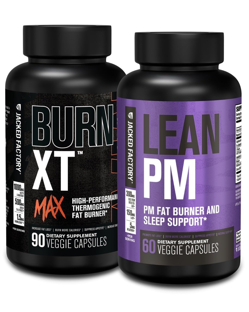 Jacked Factory 24/7 Fat Burner Stack - Burn XT MAX High Performance Fat Burner (90 kapsúl) - Lean PM Nighttime Sleep Podpora pre chudnutie a chuť k jedlu Potlačenie (60 kapsúl)