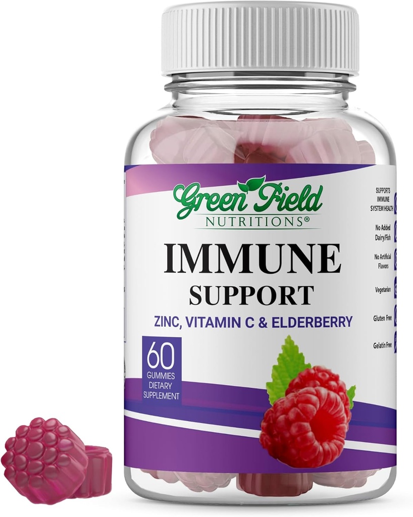 Greenfield Nutrition Halal Immune Support Staršie Gummy pre dospelých - Podporuje váš imunitný systém Prirodzene s Halal Zinok a vitamín C Gummy - 60 Delicious Mixed Berry Gummies Halal Vitamíny