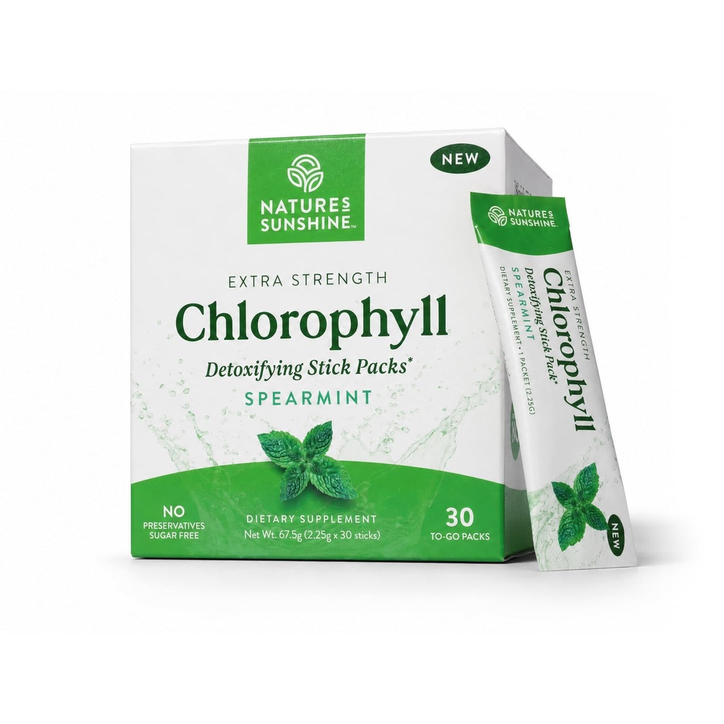 Nature's Sunshine Chlorofyl Stick Balíčky: Preplň svoje Detox a Boost Gut zdravie v pohodlné, lahodné Stick Packs (Spearmint)