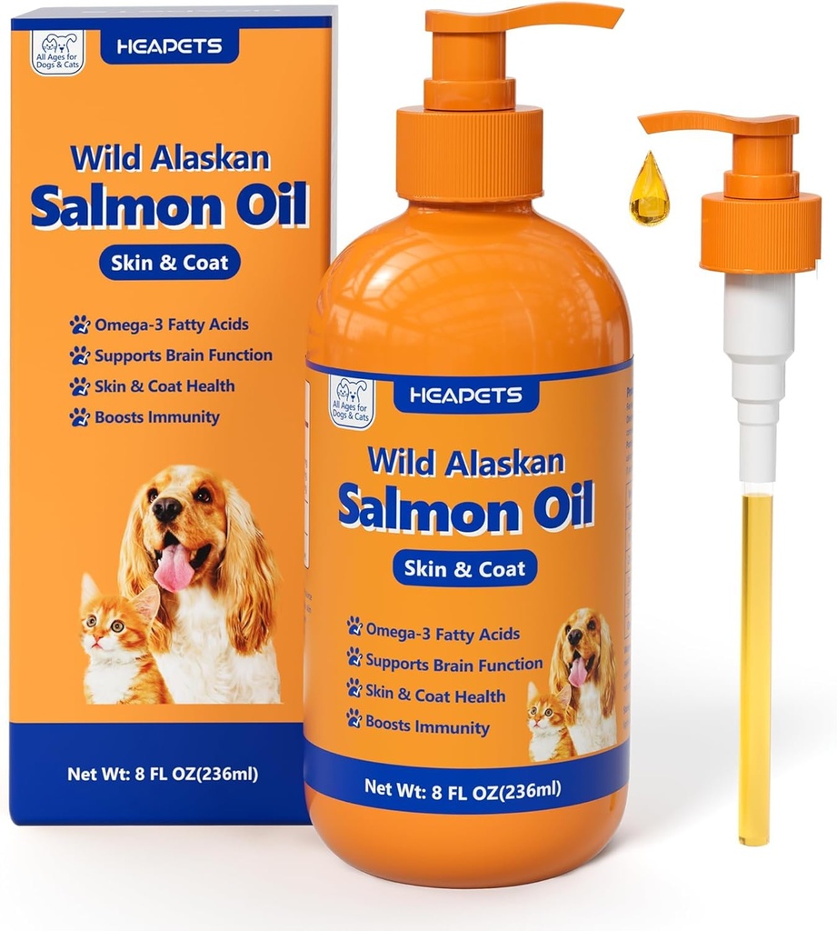 Wild Aljašský lososový olej pre psy a mačky, rybí olej Omega 3 Doplnky s EPA a DHA pre kožu a kožu, Immune, mozog, Spoločné a srdce zdravie, pes a mačka rybí olej doplnky s čerpadlom- 8 oz