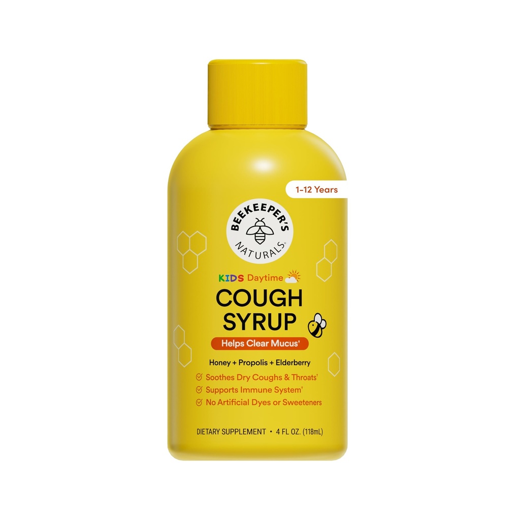 Včelárske prírodné Propolis Med Kašeľ Sirup Day time for Kids Immune Support with Elderberry, Vitamín C, vitamín D & Raw Honey - Throat Upokojujúce - Gluten Free & Clean Ingredients, 4 oz.