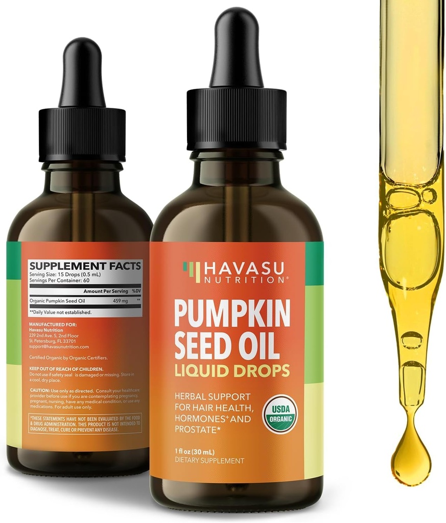 Pumpkin Seed Oil - USDA Organic - Cold Pressed for Hair, Prostate, and Hormone Support - 2 mesiace dodávky - Tekuté kvapky pre mužov a ženy - Vegan, Non-GMO, a Gluten Free - Unflavred, 1 Fl Oz