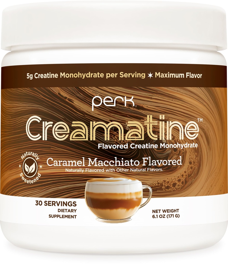 Perk Creamatine (Caramel Macchiato) 30 Servings - Flavored Creatine Monohydrate, 5g of Creatine per Serving, Naturally Sweetened, Zero Sugar, Gluten-Free, Soy-Free