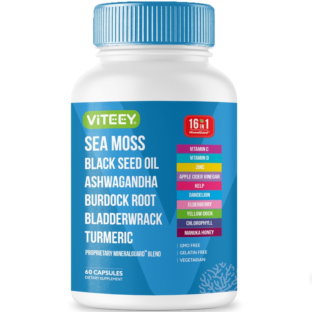 Viteey Sea Moss Capsules with Black Seed Oil – Irish Sea Moss Supplement with Bladderwrack, Burdock Root & Ashwagandha – Immune & Mineral Support - 60 Capsules