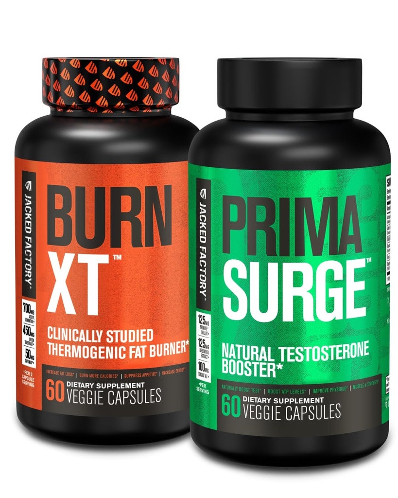 Jacked Factory Fat Burner & Testosterón Booster Stack pre mužov - Burn-XT termogénny spaľovač tukov a PRIMASURGE Testosterón Booster pre mužov
