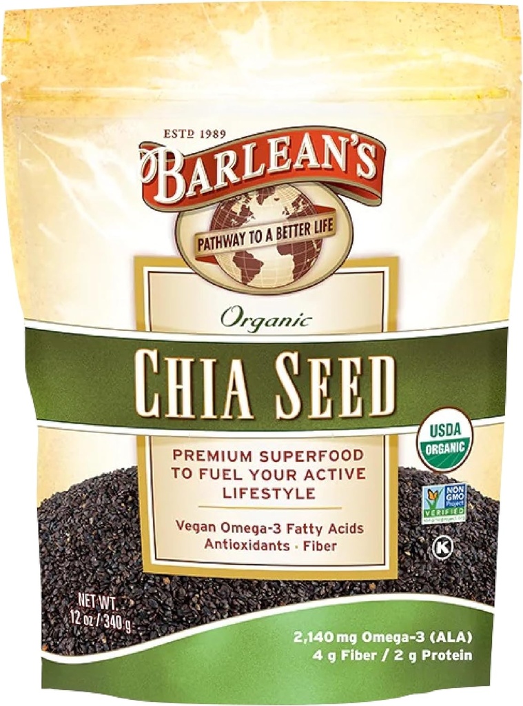 Barlean Organic Chia Seeds s 2,140 mg Omega 3 mastné kyseliny, Fiber Supplement for Whole Chia Seed for Smoothies, Non-GMO Certified, 12 oz