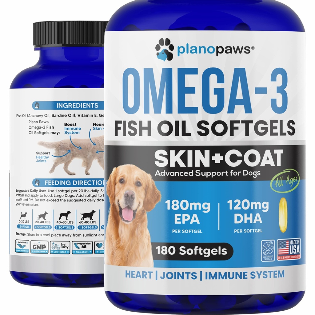 Omega 3 Fish Oil pre psy Kapsule - Salmon Oil pre psy - Pes Fish Oil Supplement May Help Shedding, Alergie, Svrbenie - Podpora suchej kože, kĺby - Pes Skin and Coat Supplement - 180 Rybí olej tabletky