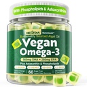 Vegan Omega 3 Gummy + Fosfolipidy, astaxantín, vitamín D3, DHA 560mg & EPA 280mg, Algae Omega 3 doplnok pre dospelých a deti pre mozog, oči, kožu a celkové zdravie, bez cukru, 60 Cts