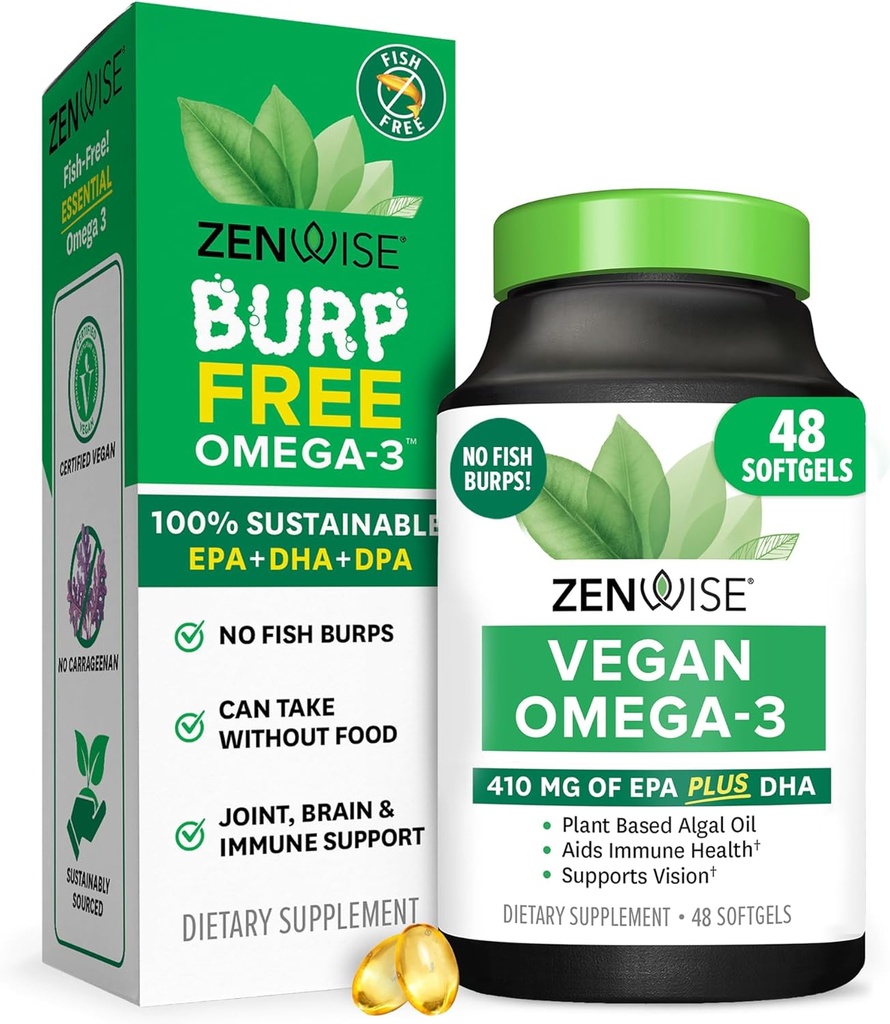 Zenwise Health Vegan Omega 3 Supplement - Burpless Omega 3 Supplement with DHA, EPA & DPA Mastné kyseliny pre imunitné zdravie - Fish Oil Alternative from Sustainablely Sourced Marine Algae Oil - 48 Softgels