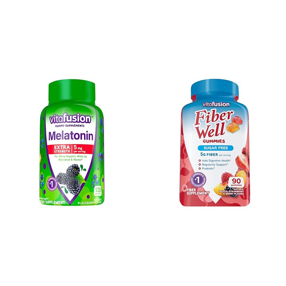 Vitafusion Extra sila Melatonín Gummy vitamíny, 5 mg, 120 ct Gummies & Fiber Well Supplement bez cukru Fiber, Peach, Jahodové a BlackBerry Ochutené doplnky, 90 Počet