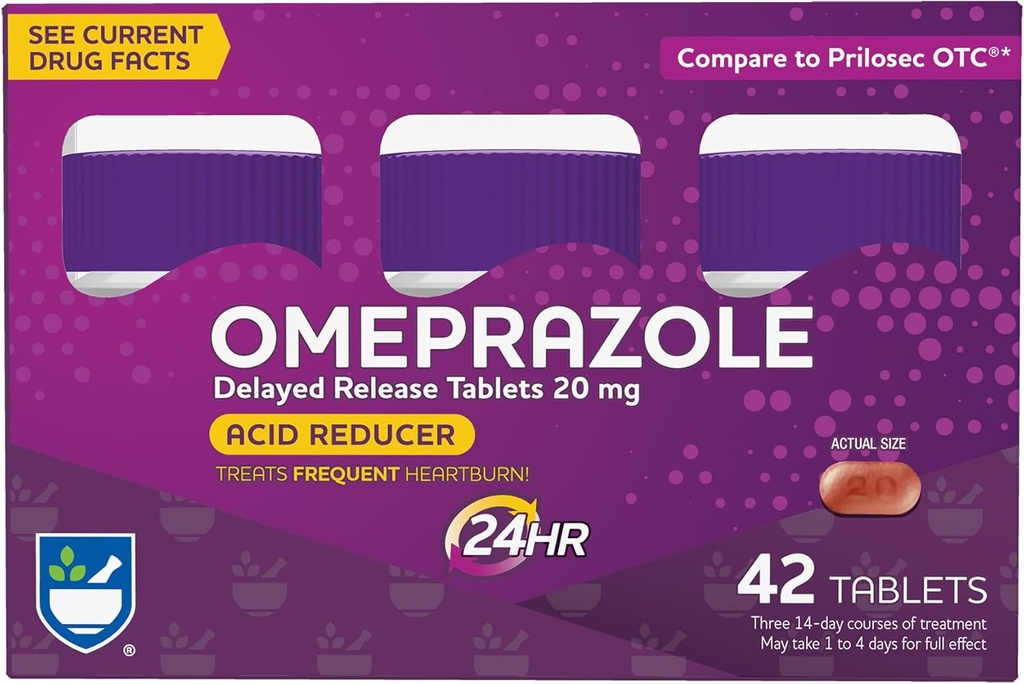 Rite Aid Acid Reducer Omeprazole Delayed Release Tablets - 20 mg, 3 Bottles, 14 Count Each (42 Count Total), Unflavored, Heartburn Relief, Heartburn Medicine, Treats Frequent Heartburn
