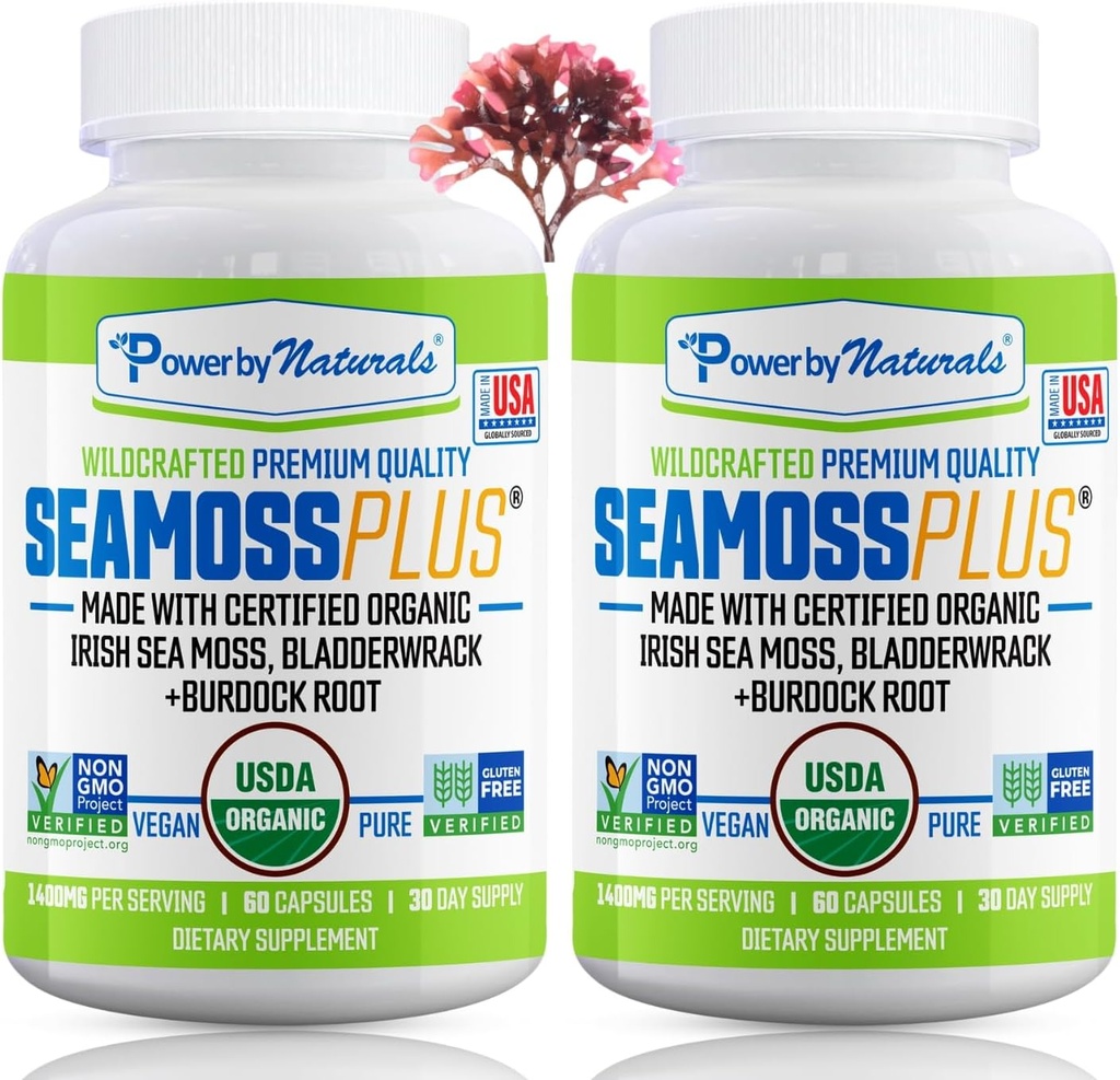 Power by Naturals Sea Moss Plus - USDA Certified Organic Wildcrafted Irish Seamoss, Bladderwrack & Burdock Root, Supplement for Imunity, 60Ct, 2 balenie