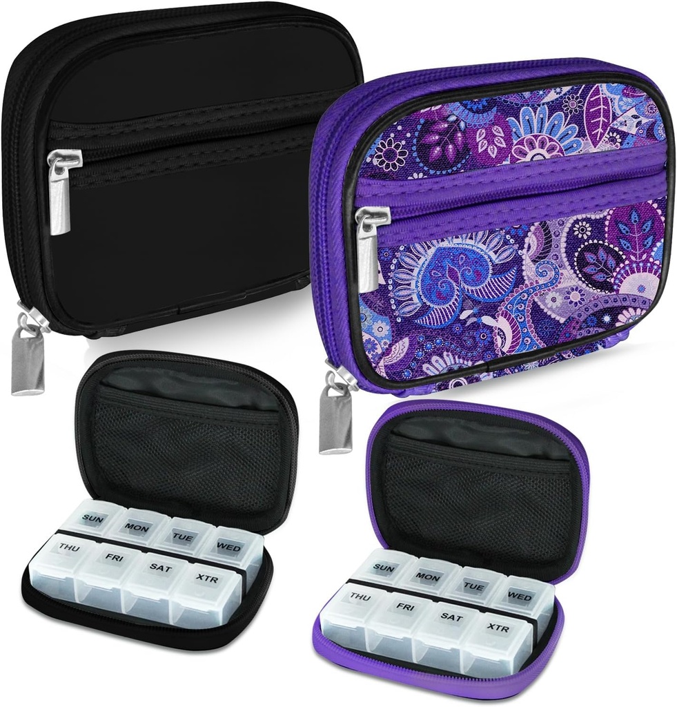 Serfeymi Weekly Travel Pill Organizer Pill Case for Purse with Removable 7 Day Pill Box, Fashionable Travel Medicine Organizer Pill Container for Medicine, Vitamin, Supplement - Black 01 + Purple 01