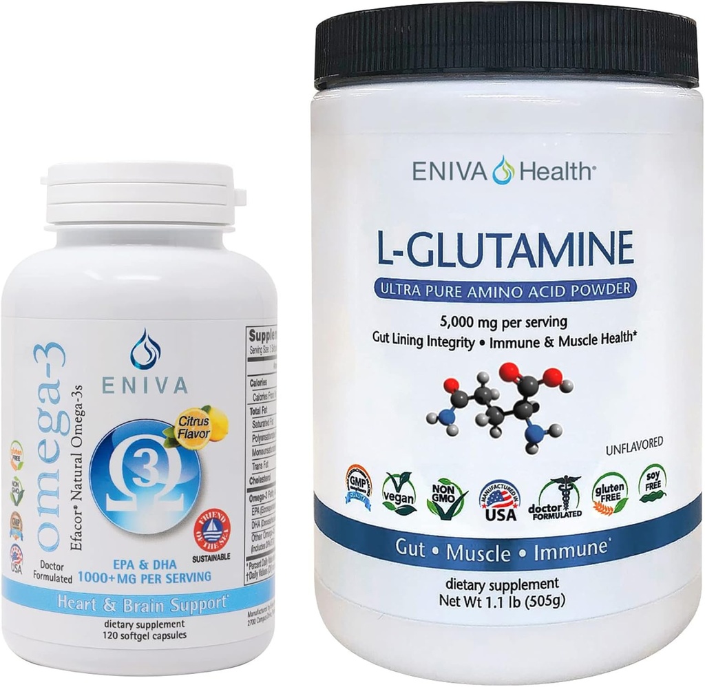Eniva L-glutamin prášok, 1,1-libra a Omega-3 rybí olej (60 caps)