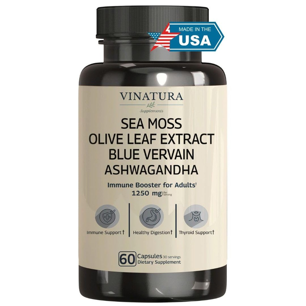 VINATURA Organic Sea Moss, Blue Vervain - s čiernym semenom olej, Ashwagandha, Ginger, Burdock Root Capsules - 1250mg per Serving, *USA Made &Tested* Immune Booster pre dospelých