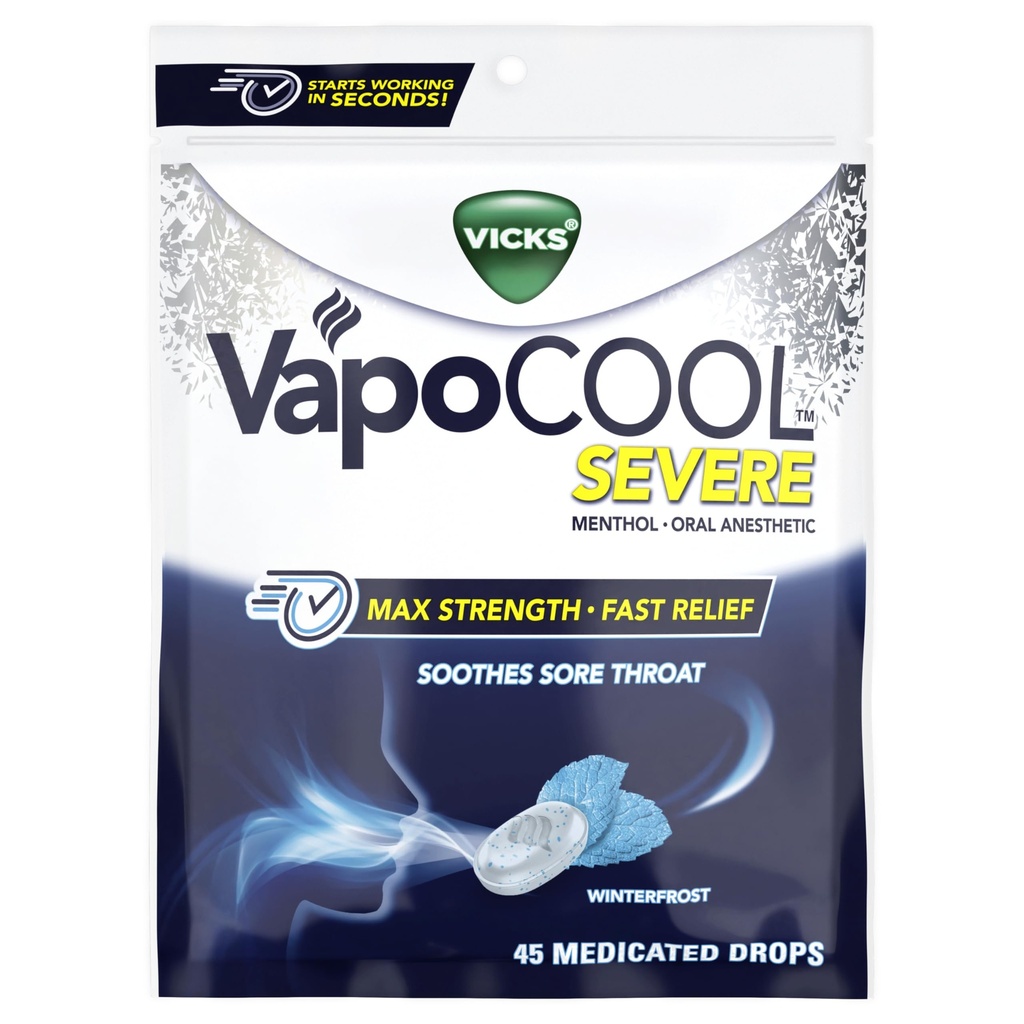 Vicks VapoCool Silné medikované Sore Throat Drops, Max Strength Menthol, Sootes Sore Throat Bolesť, Winterfrost Flavor, 45ct