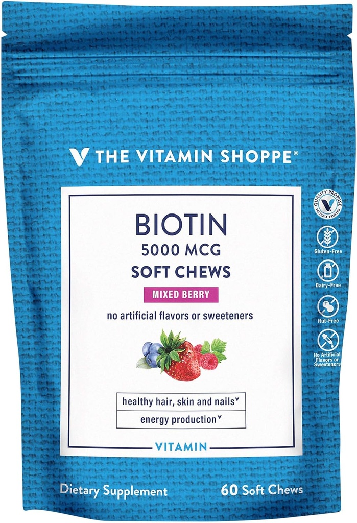 Vitamín Shoppe Biotin mäkké žuvačky pre vlasy, kožu a nechty - 5000mcg - zmiešané Berry (60 mäkké žuvačky)