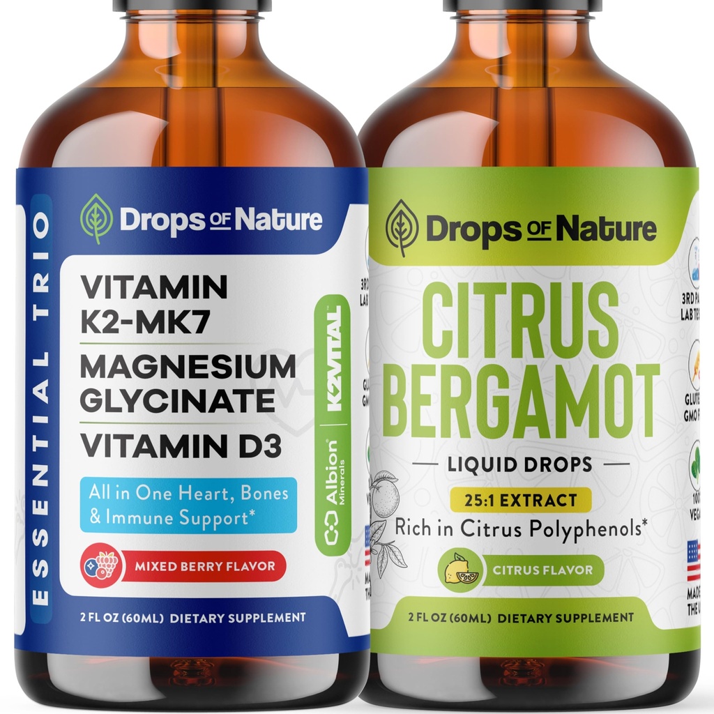 Drops Of Nature Citrus Bergamot Liquid Drops Supplement (Citrus, 60mL) & Magnesium Glycinate with Vitamin K2 D3 Drops (Mixed Berry, 60 mL) – Vegan, Fast Absorbing – Mineral Balance & Daily Wellness