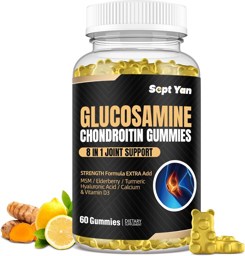 Glukozamín Chondroitín Gummies - 60 Spoločná podpora Doplnky - 1500 mg Extra sila s MSM, bazy, kurkuma - Kartilage & Immune Support for Adults, Muži & Ženy Vegan - Ľahko prehĺtať
