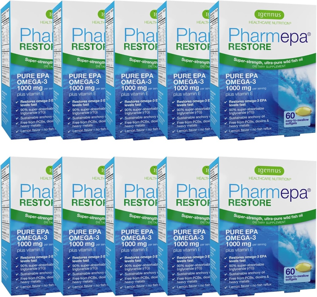 Igennus Pharmepa Restoriane, Pure EPA 1000mg, Omega 3 rTG Fish Oil, IFOS Certified, High Absorbtion, 90% Koncentrácia Triple Strength, Wild & Sustainable, Lemon Flavor, 10- Month Supply, Pack of 10