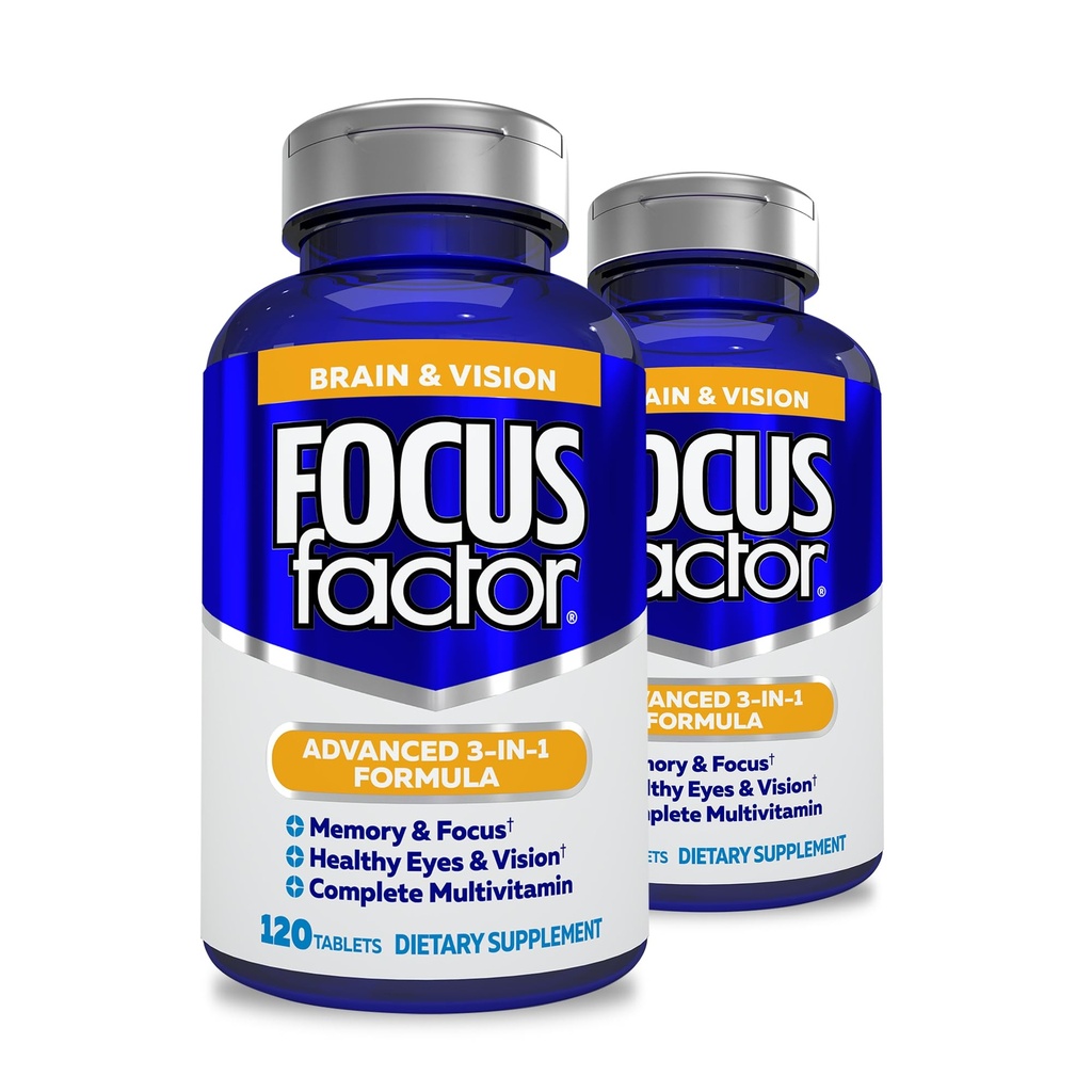 Focus Factor Adults Brain and Vision Supplement, 120 Count - Eye Vitamin, Mineral Supplement & Complete Multivitamin w/Lutein & Zeaxanthin – Brain Supplement for Focus, Concentration, Memory