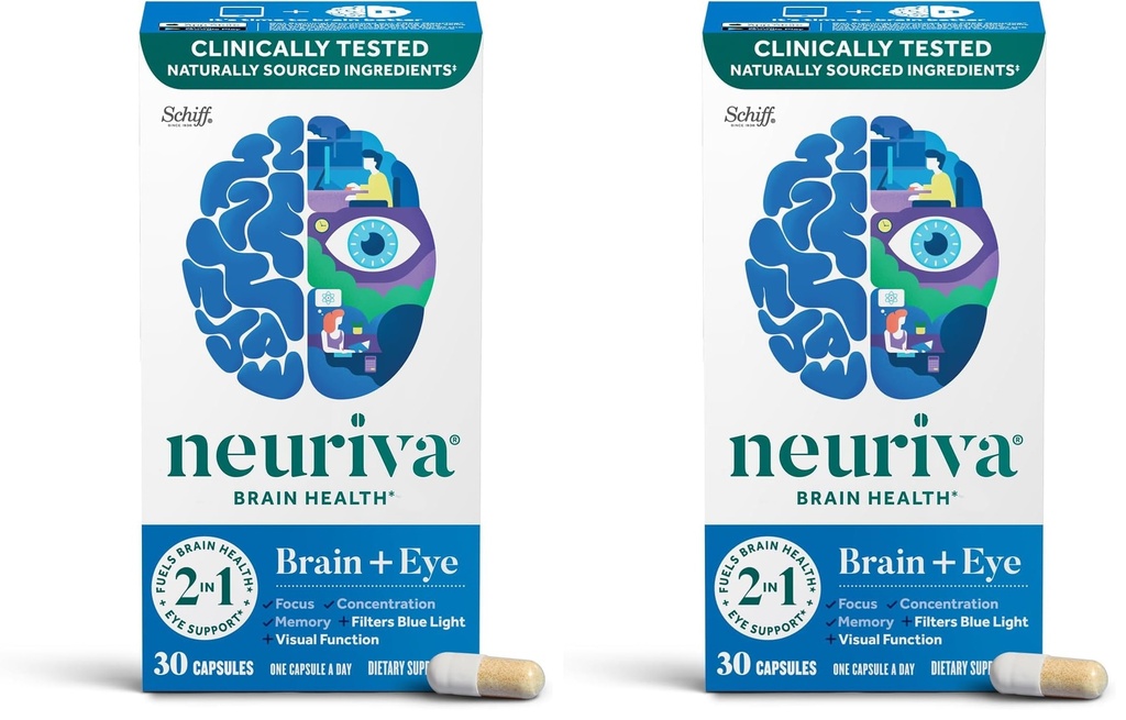 NEURIVA Brain + Eye Supplement for Memory, Focus & Concentration with Lutein & Vitamins A C E and Zinc for Eye Health & Zeaxanthin to Filter Blue Light, 30ct Capsules, (Pack of 2)
